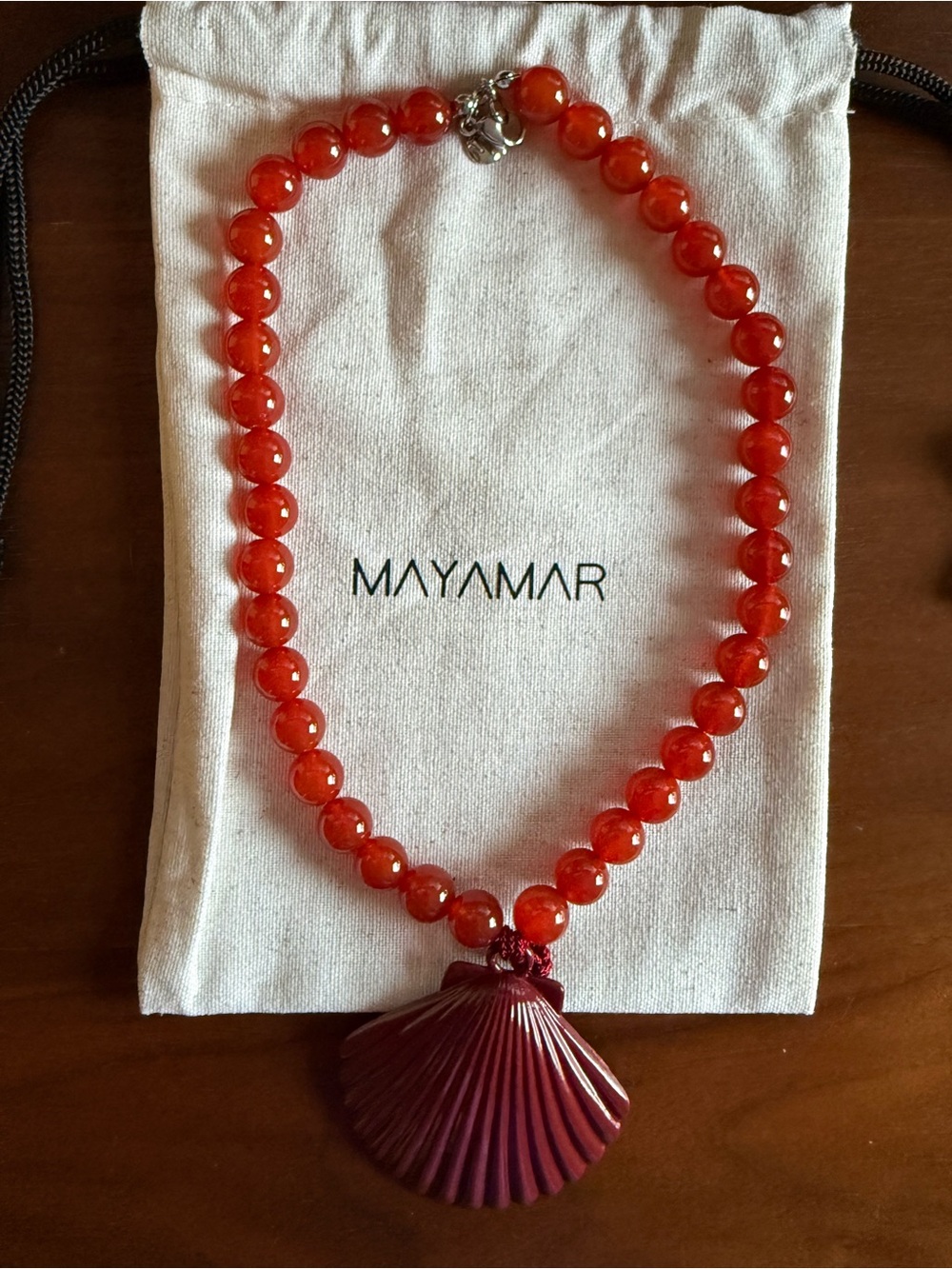 Mayamar Red Agate Bead Necklace with Shell Pendant